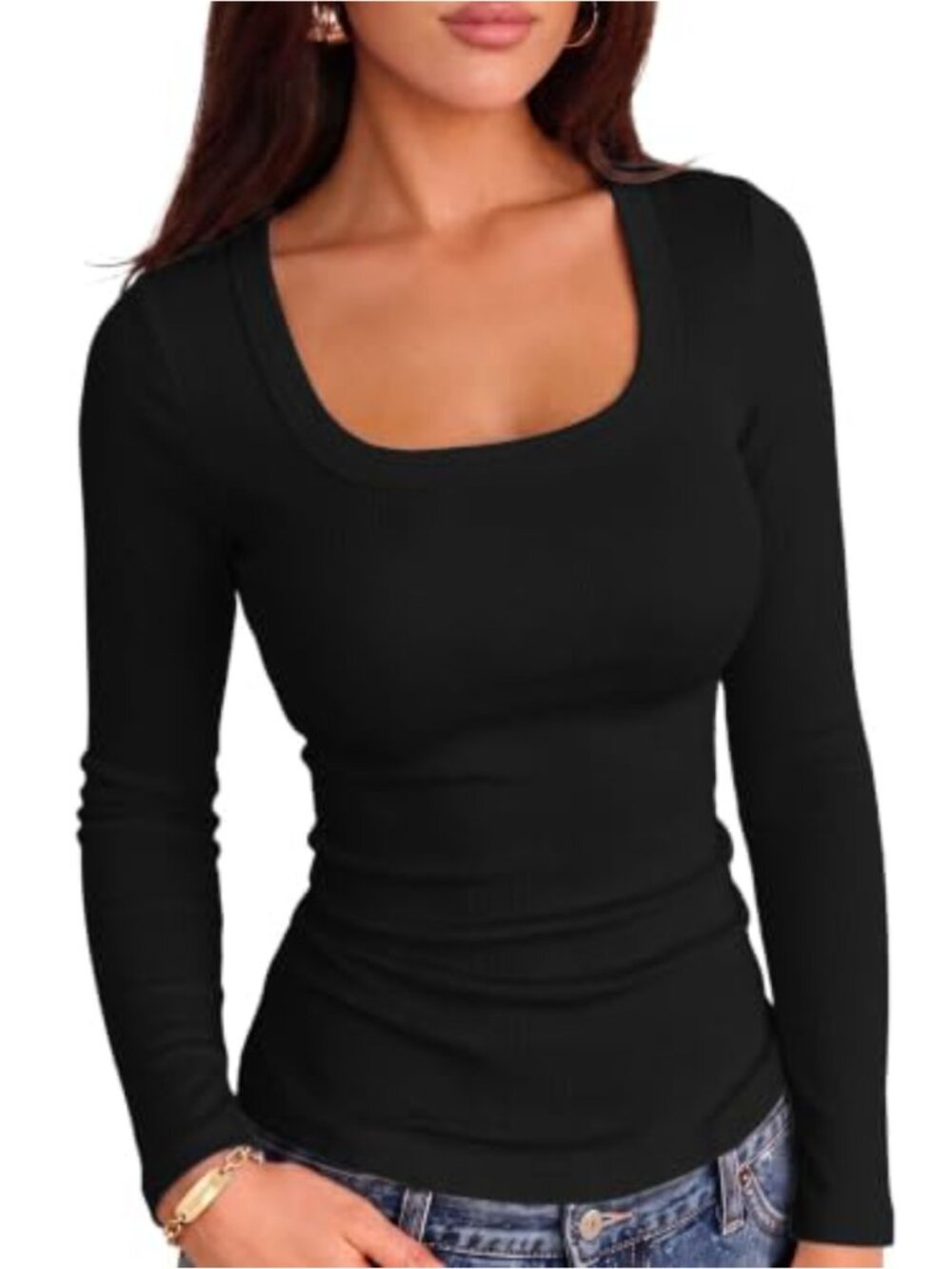 Square Neck Ribbed Knit Long Sleeve Slim Fitted Casual Top